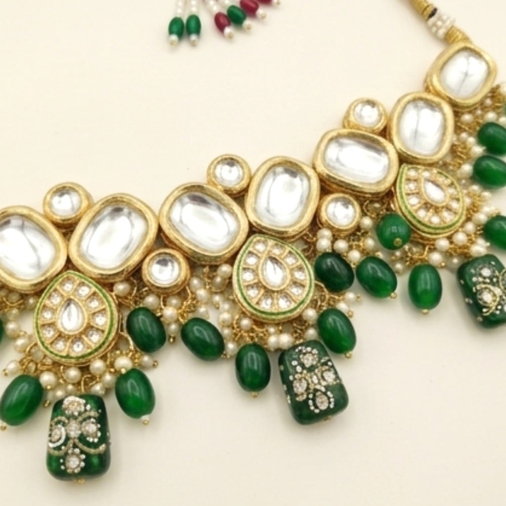 Handcrafted Emerald Green Kundan Statement Bridal Necklace Set